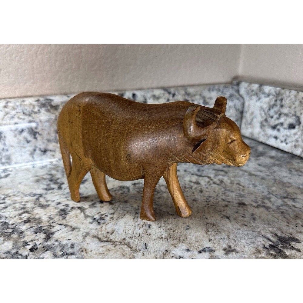 Vintage Hand Carved Wooden Water Buffalo Folk Art Statue Figure Numbered